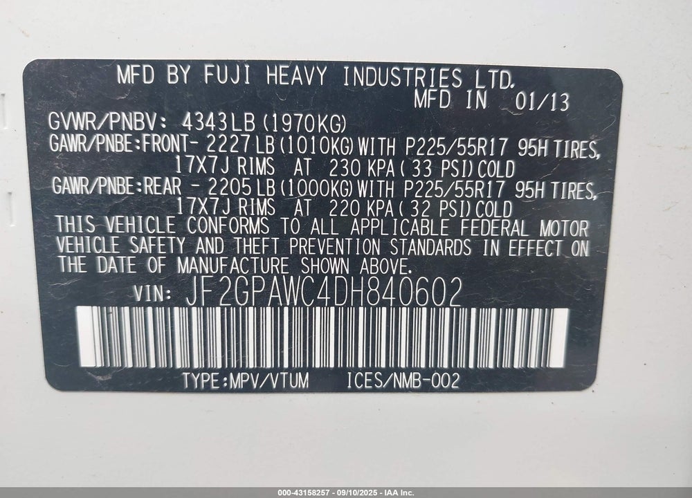 2013 SUBARU XV CROSSTREK VIN: JF2GPAWC4DH840602