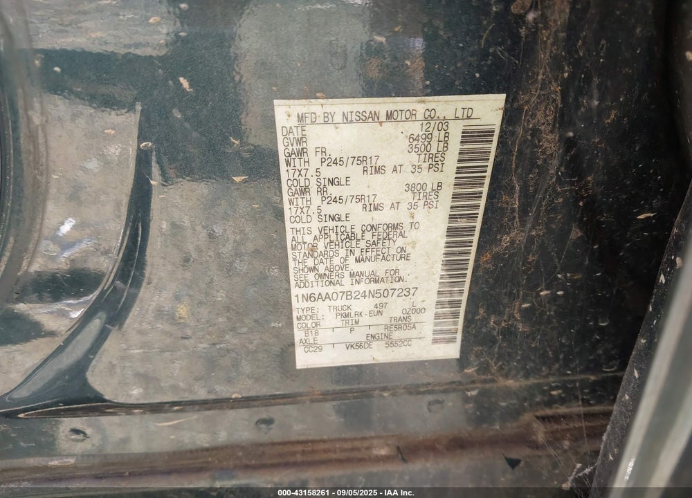 2004 NISSAN TITAN XE VIN: 1N6AA07B24N507237