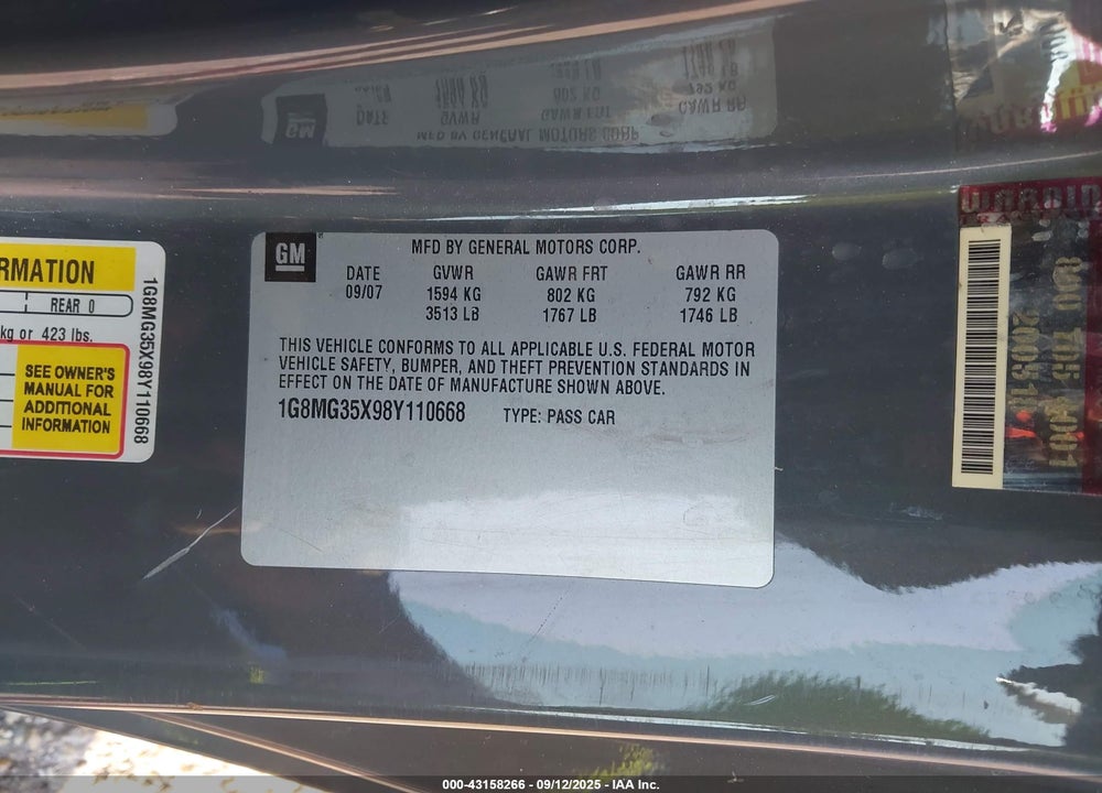 2008 SATURN SKY RED LINE VIN: 1G8MG35X98Y110668