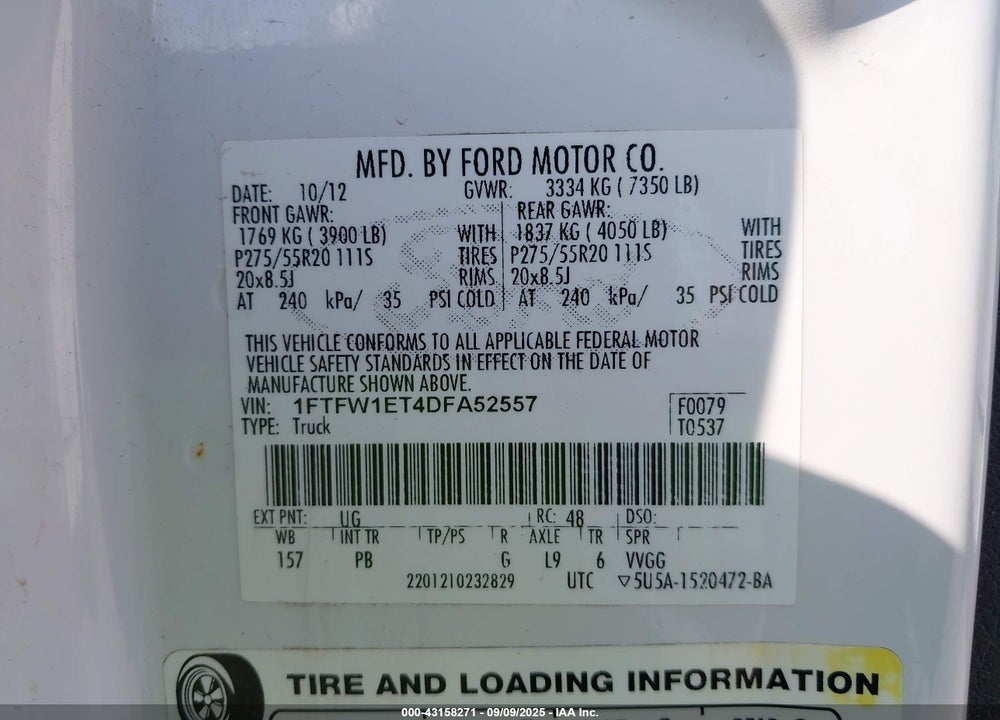 2013 FORD F-150 PLATINUM VIN: 1FTFW1ET4DFA52557
