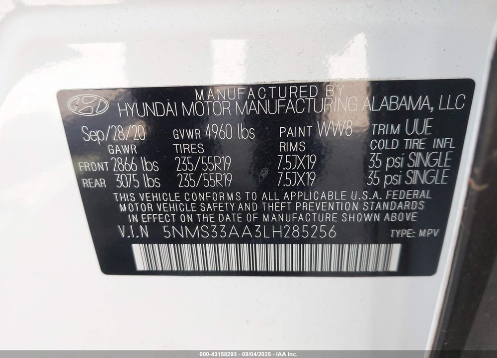 2020 HYUNDAI SANTA FE VIN: 5NMS33AA3LH285256