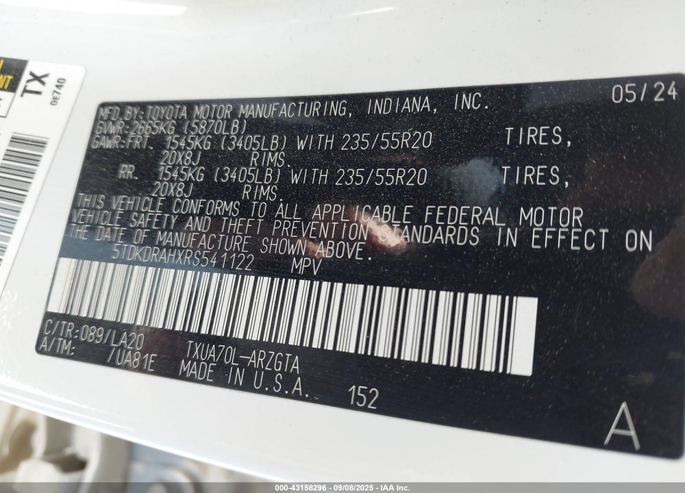 2024 TOYOTA HIGHLANDER VIN: 5TDKDRAHXRS541122