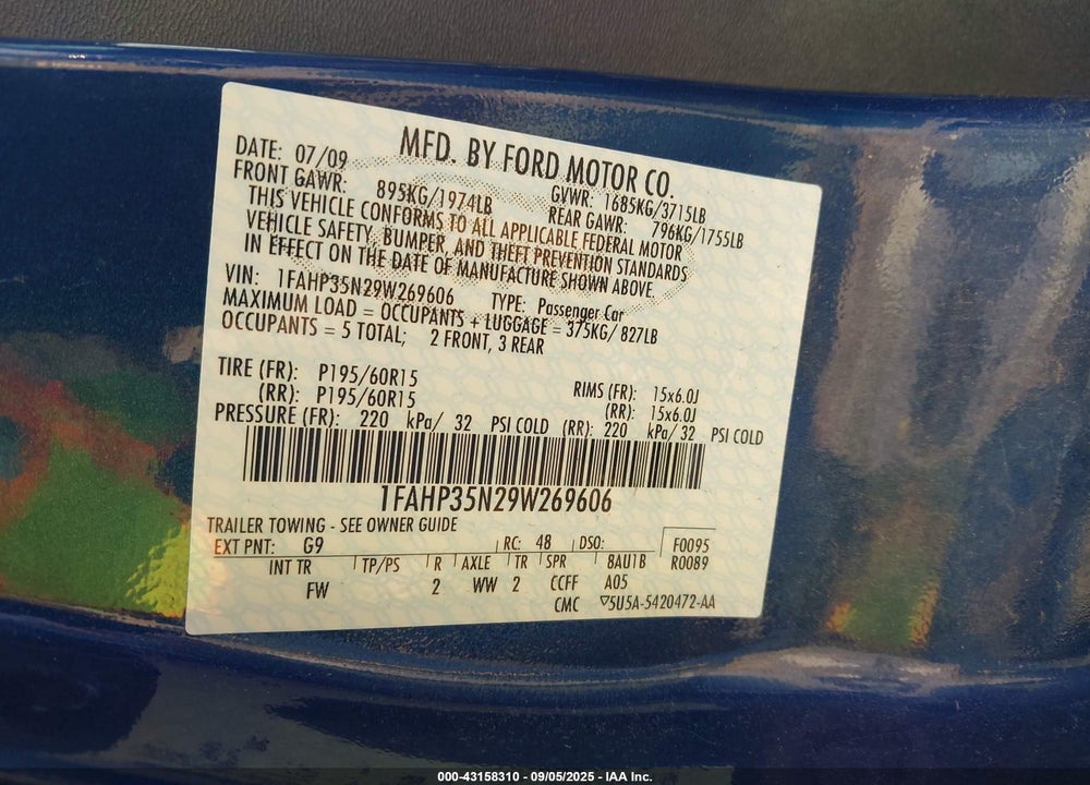 2009 FORD FOCUS SE VIN: 1FAHP35N29W269606