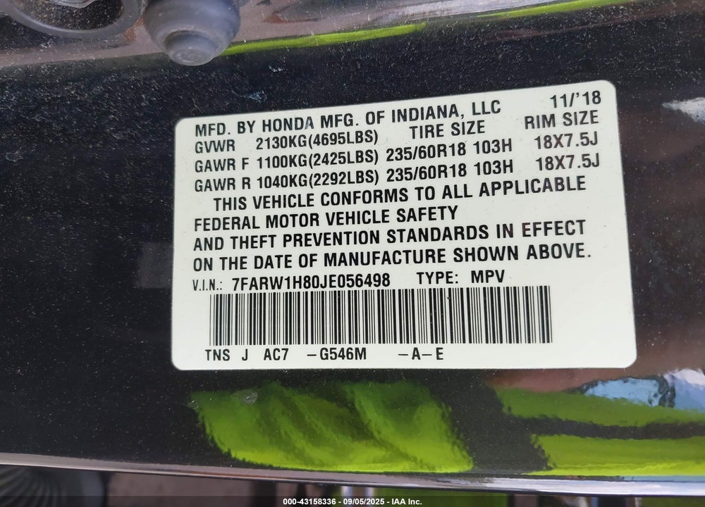 2018 HONDA CR-V EX-L/EX-L NAVI VIN: 7FARW1H80JE056498