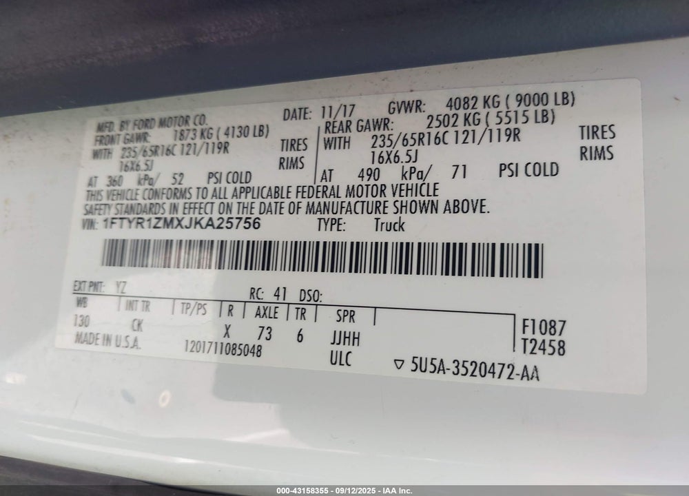 2018 FORD TRANSIT-250 VIN: 1FTYR1ZMXJKA25756