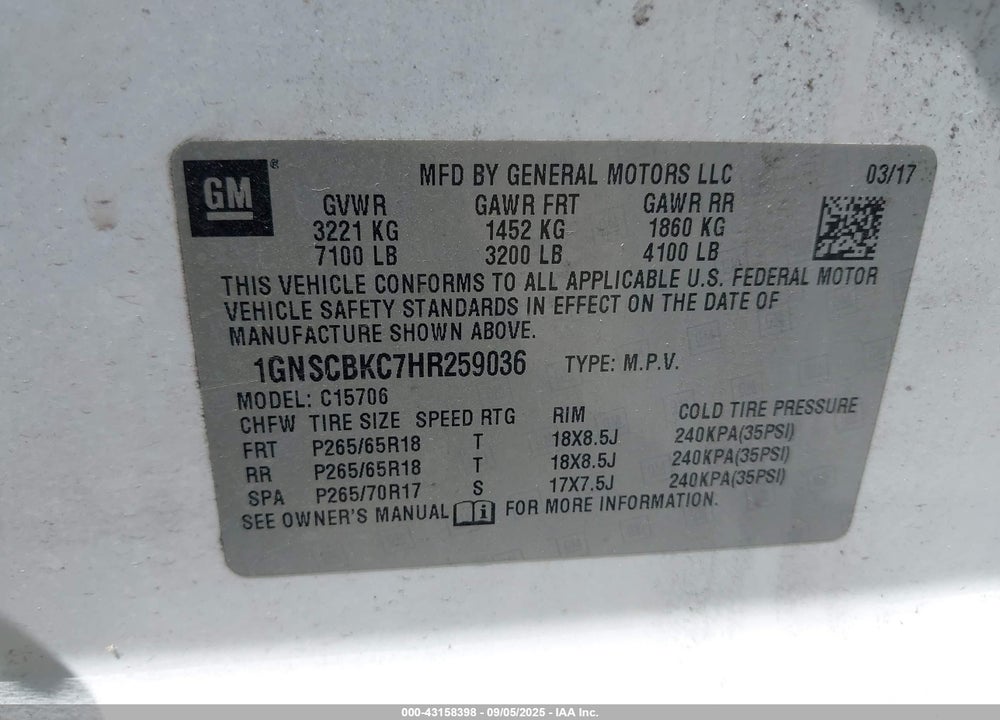 2017 CHEVROLET TAHOE VIN: 1GNSCBKC7HR259036