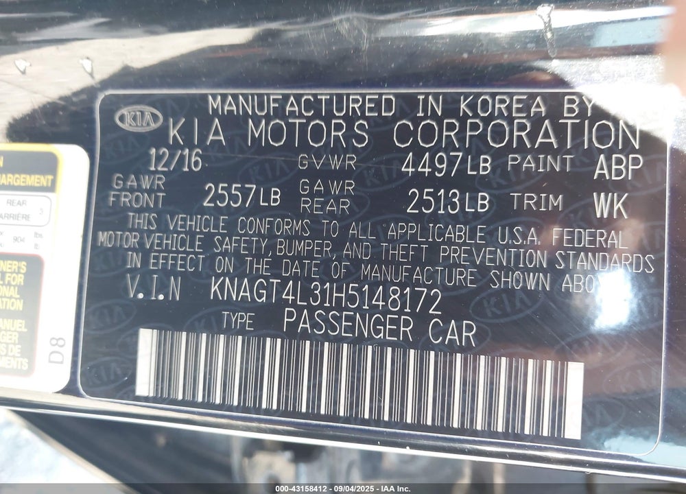 2017 KIA OPTIMA LX VIN: KNAGT4L31H5148172