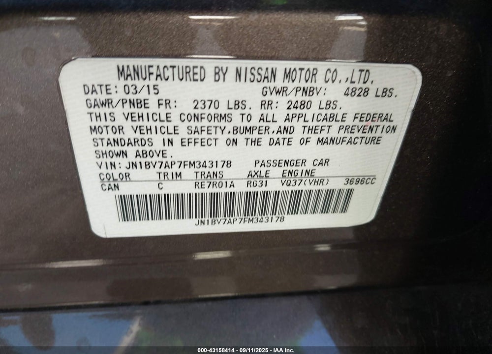 2015 INFINITI Q50 VIN: JN1BV7AP7FM343178