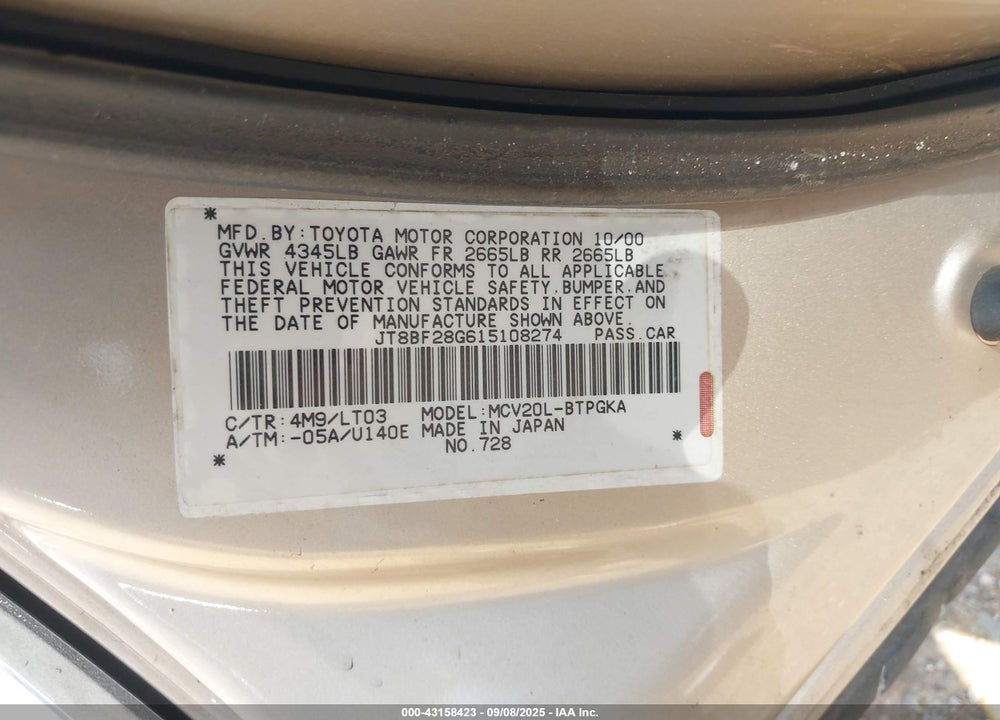 2001 LEXUS ES 300 BASE (A4) VIN: JT8BF28G615108274