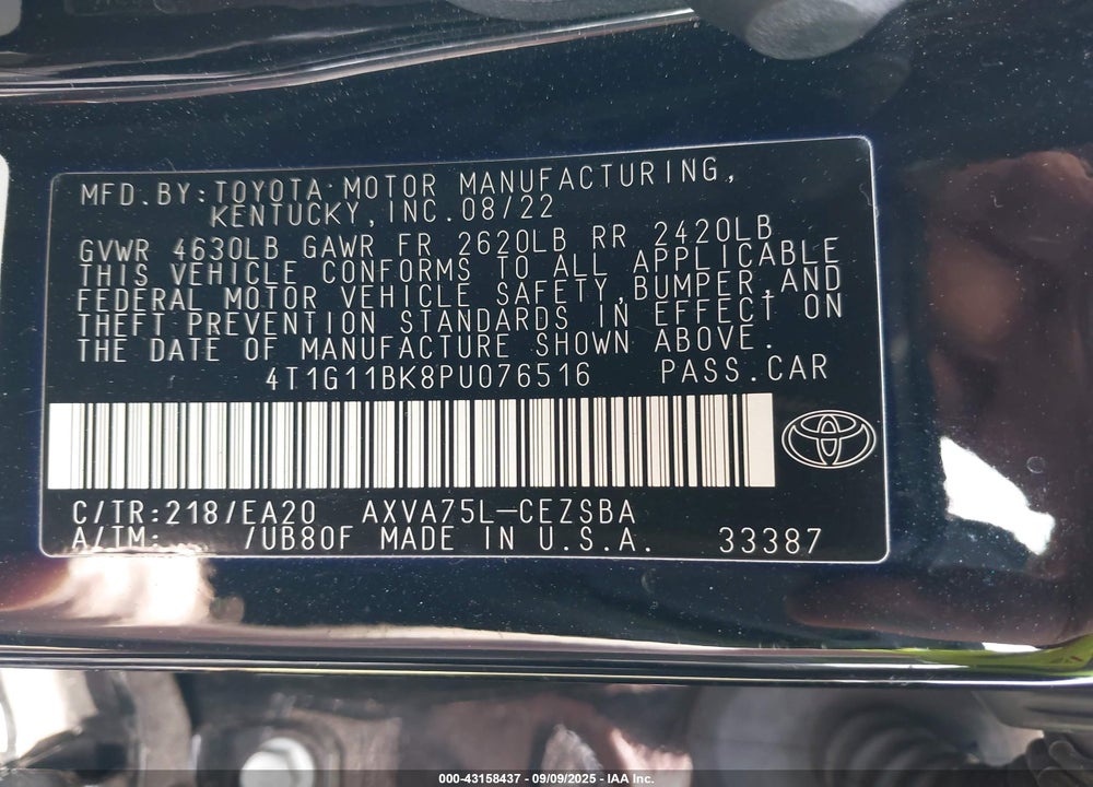 2023 TOYOTA CAMRY VIN: 4T1G11BK8PU076516
