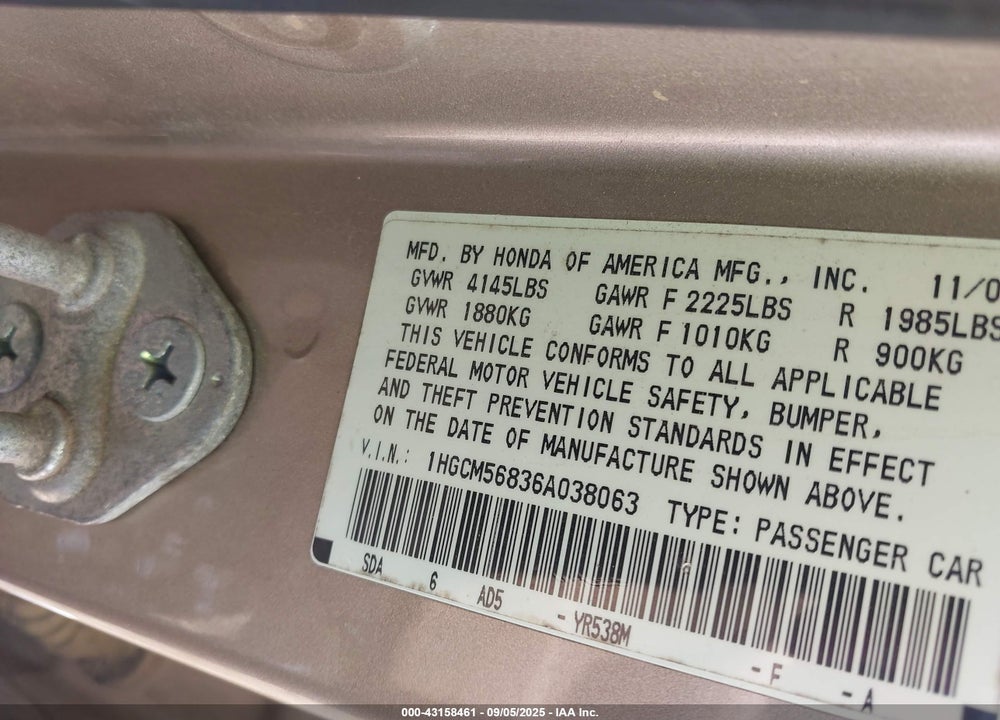 2006 HONDA ACCORD VIN: 1HGCM56836A038063