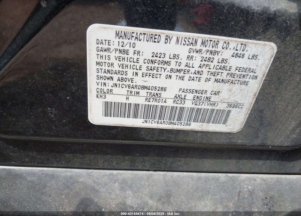 2011 INFINITI G37 VIN: JN1CV6AR0BM405286