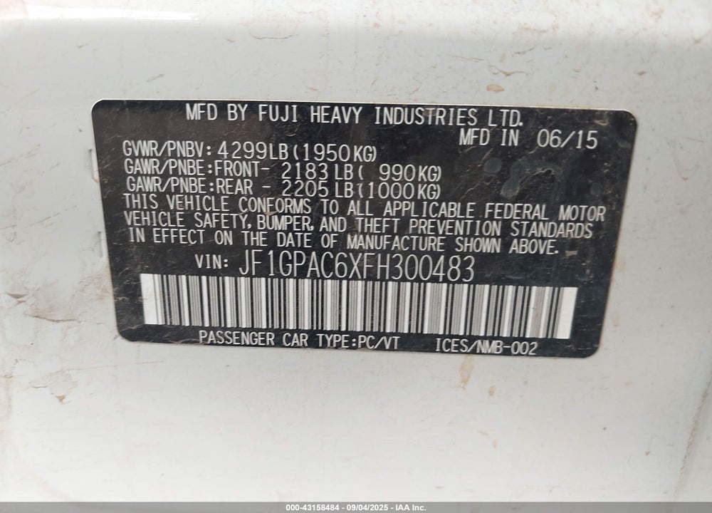 2015 SUBARU IMPREZA VIN: JF1GPAC6XFH300483