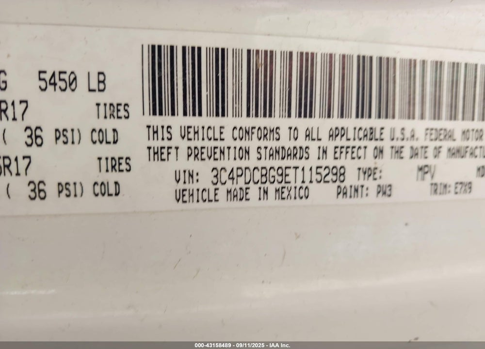 2014 DODGE JOURNEY VIN: 3C4PDCBG9ET115298