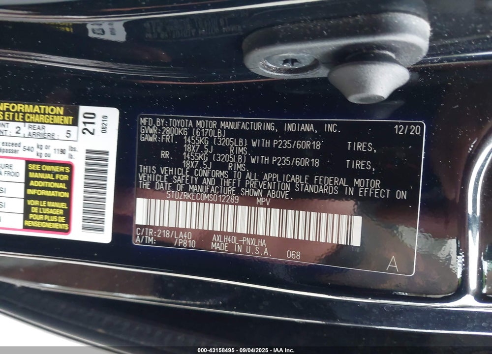 2021 TOYOTA SIENNA LIMITED VIN: 5TDZRKEC0MS012289