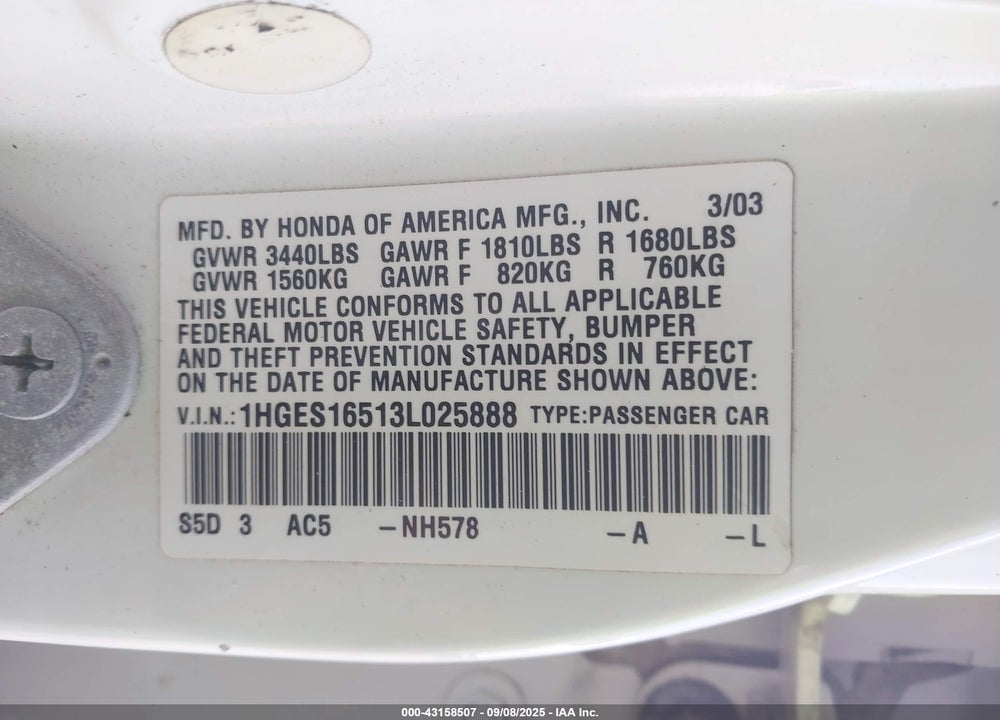 2003 HONDA CIVIC LX VIN: 1HGES16513L025888