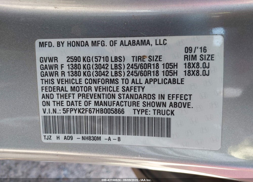 2017 HONDA RIDGELINE RTL-T VIN: 5FPYK2F67HB005866