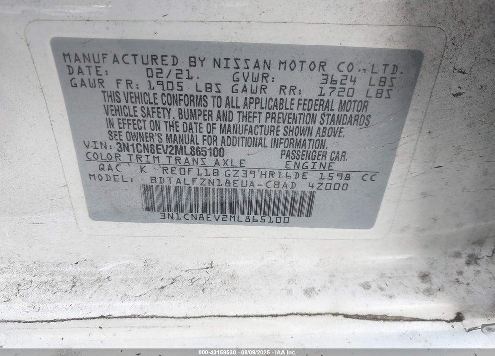 2021 NISSAN VERSA SV XTRONIC CVT VIN: 3N1CN8EV2ML865100