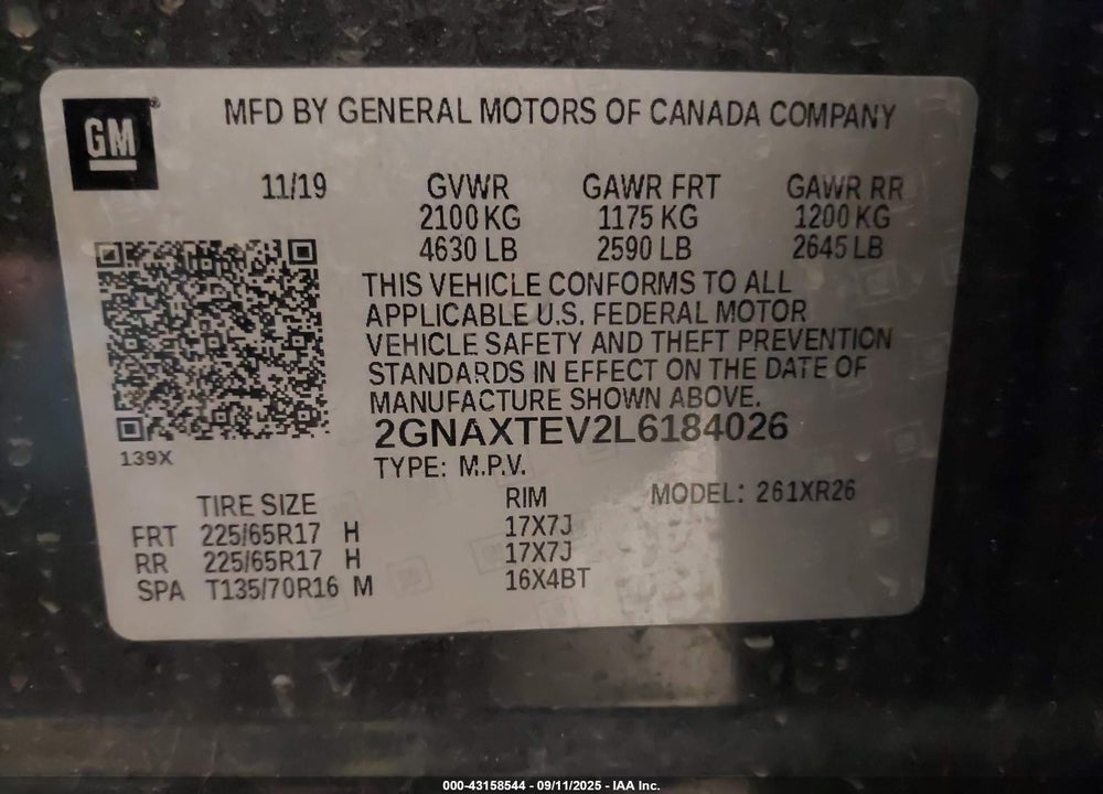 2020 CHEVROLET EQUINOX VIN: 2GNAXTEV2L6184026