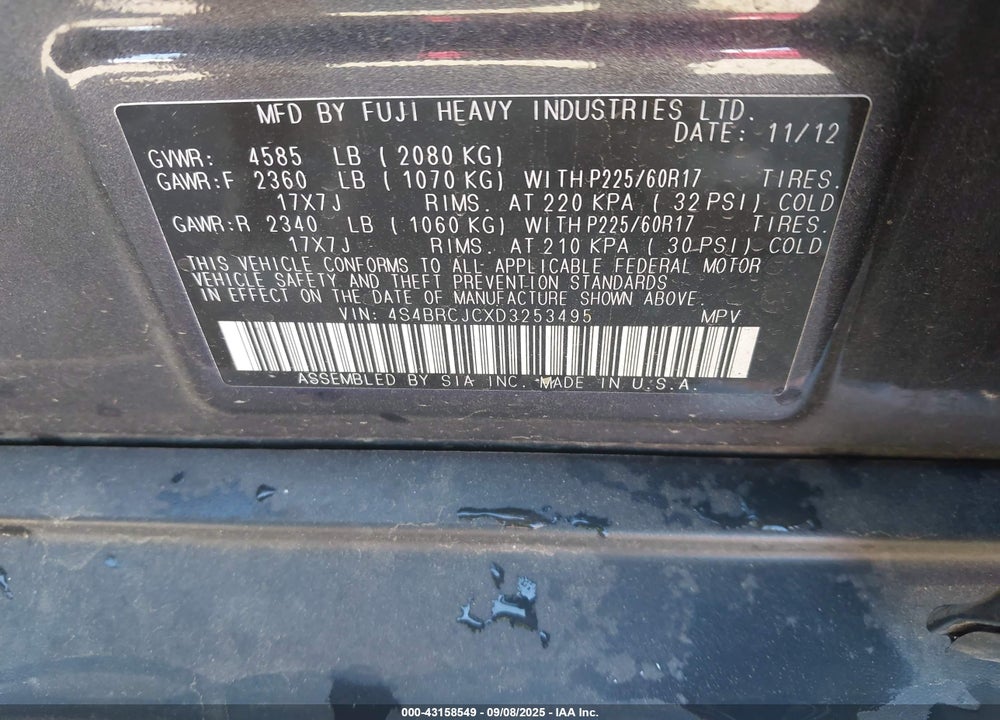 2013 SUBARU OUTBACK VIN: 4S4BRCJCXD3253495