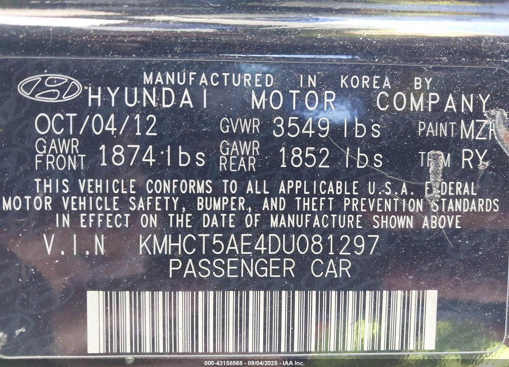 2013 HYUNDAI ACCENT VIN: KMHCT5AE4DU081297
