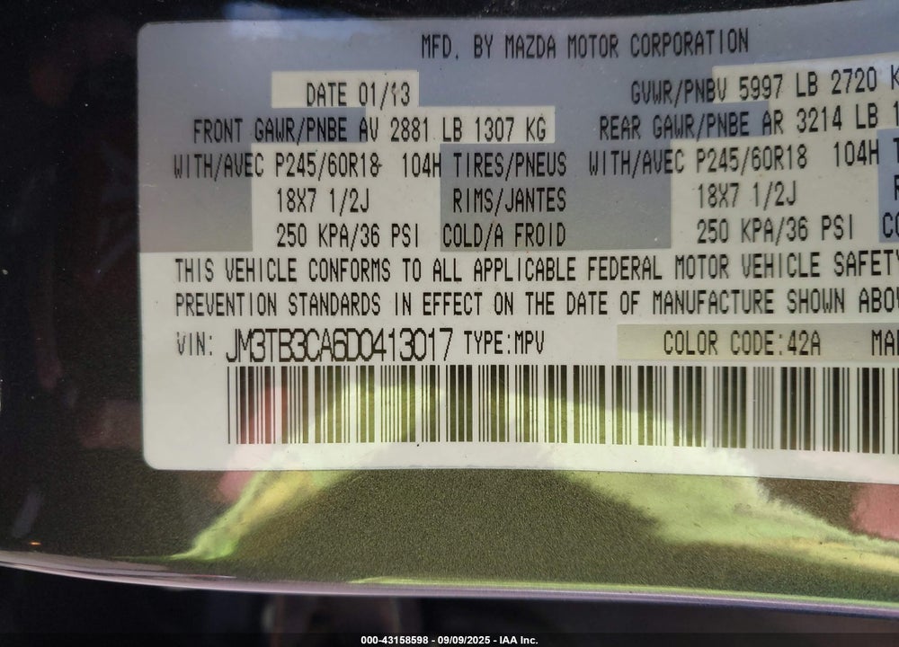2013 MAZDA CX-9 VIN: JM3TB3CA6D0413017