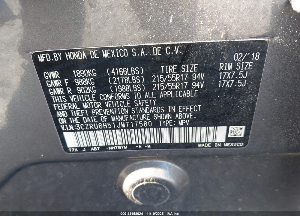 2018 HONDA HR-V EX VIN: 3CZRU6H51JM717580