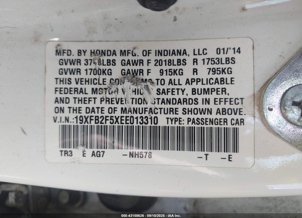 2014 HONDA CIVIC VIN: 19XFB2F5XEE013310
