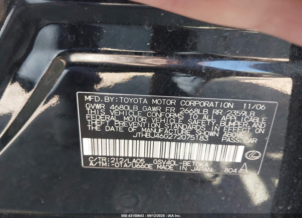 2007 LEXUS ES 350 VIN: JTHBJ46G272075183