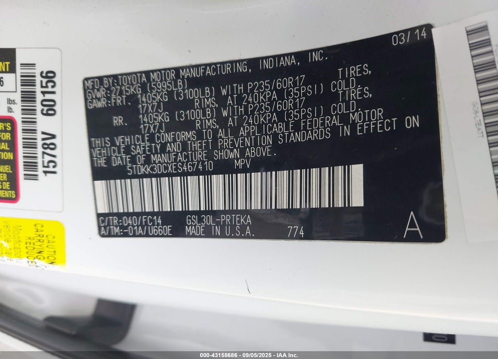 2014 TOYOTA SIENNA LE V6 8 PASSENGER VIN: 5TDKK3DCXES467410