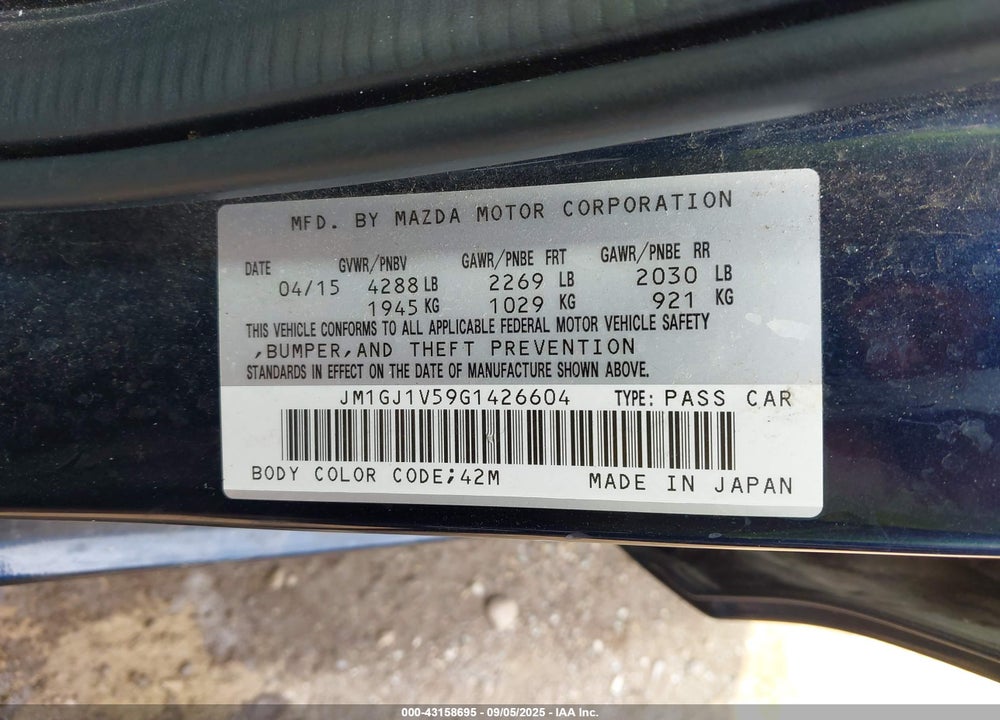 2016 MAZDA 6 I TOURING VIN: JM1GJ1V59G1426604