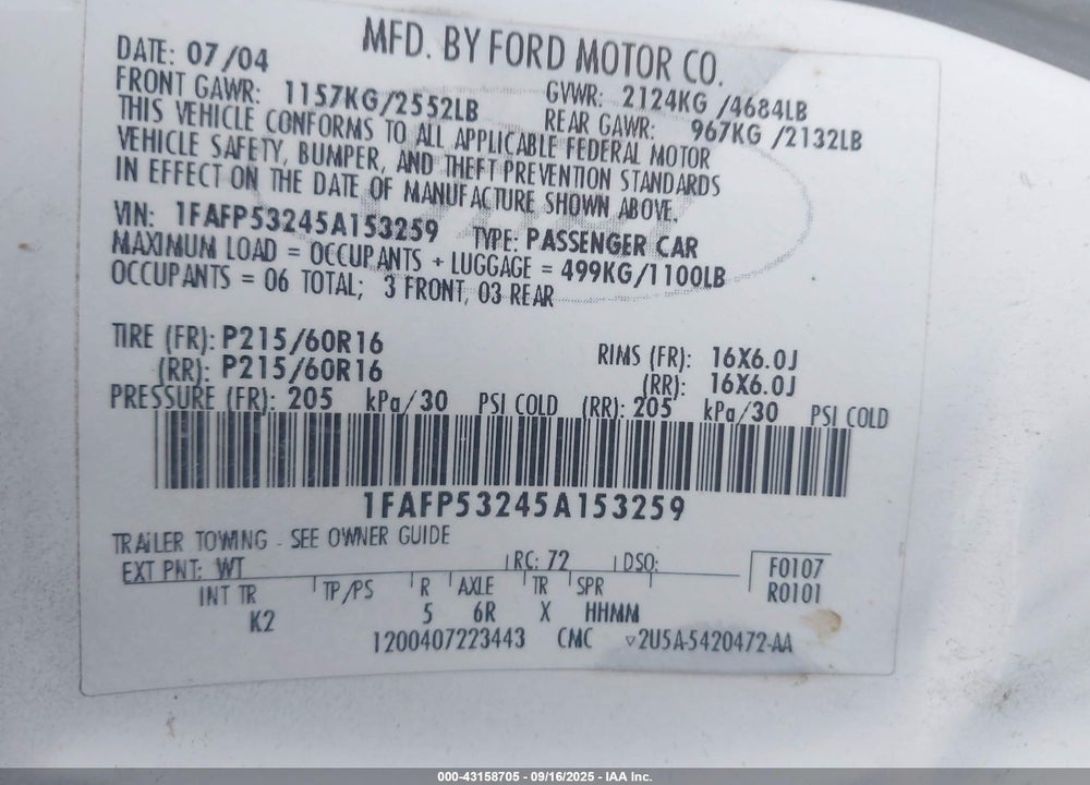2005 FORD TAURUS SE VIN: 1FAFP53245A153259