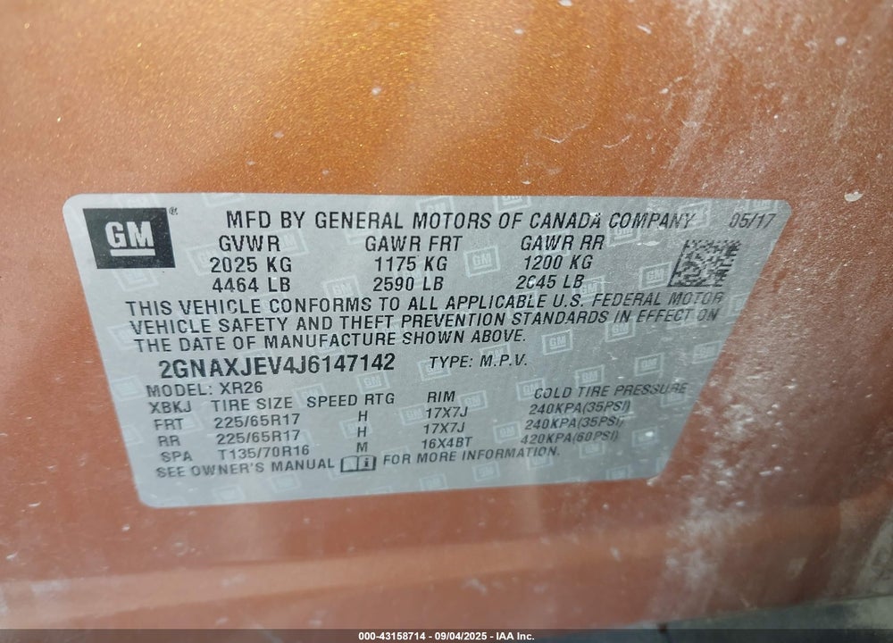 2018 CHEVROLET EQUINOX VIN: 2GNAXJEV4J6147142