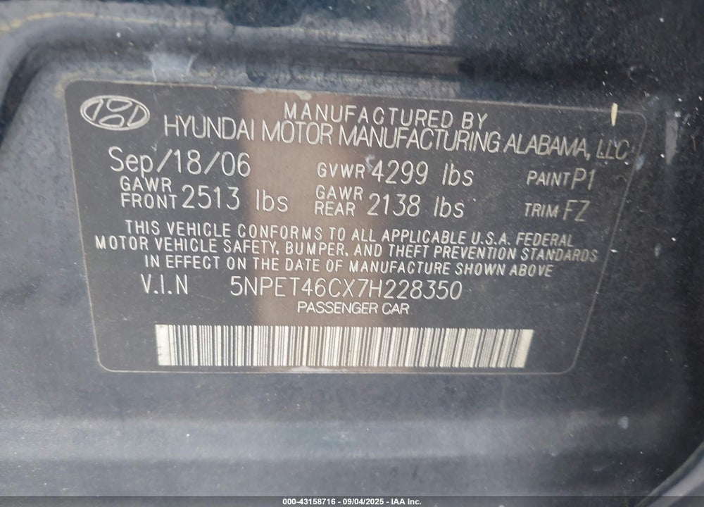 2007 HYUNDAI SONATA VIN: 5NPET46CX7H228350