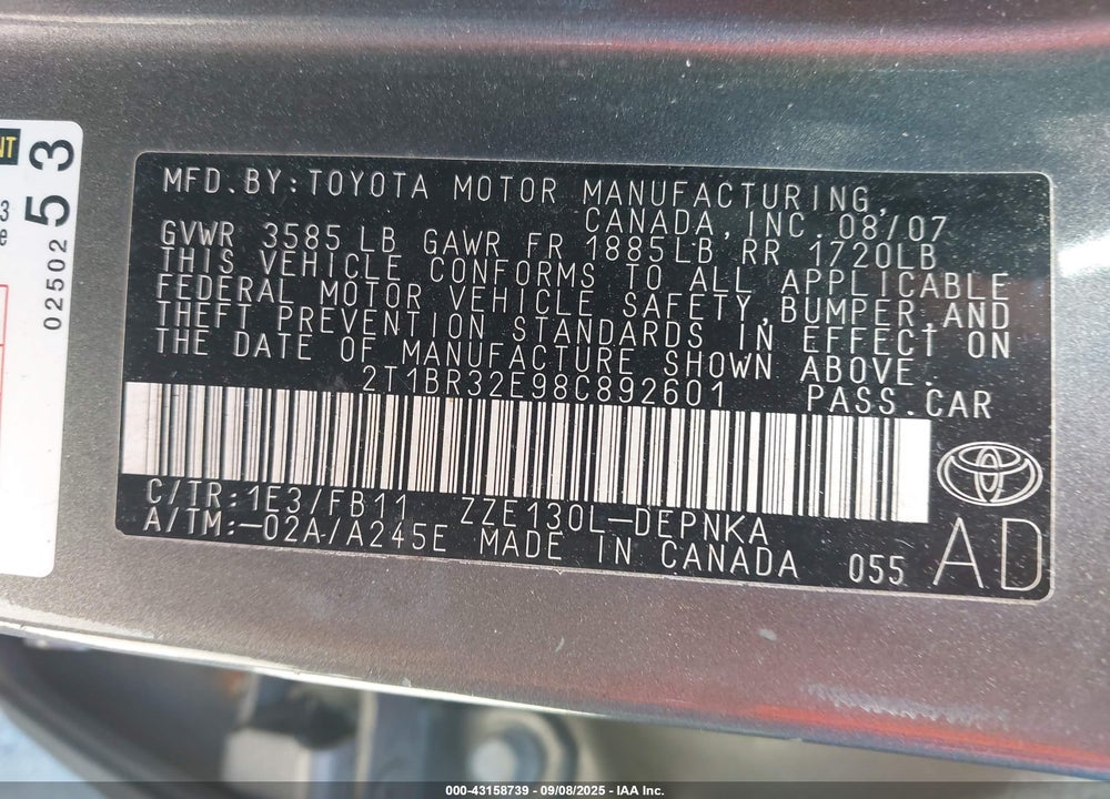 2008 TOYOTA COROLLA LE VIN: 2T1BR32E98C892601