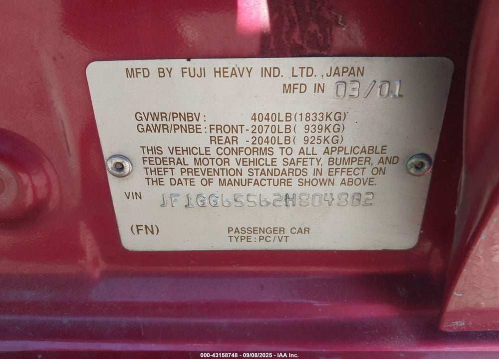 2002 SUBARU IMPREZA VIN: JF1GG65562H804802