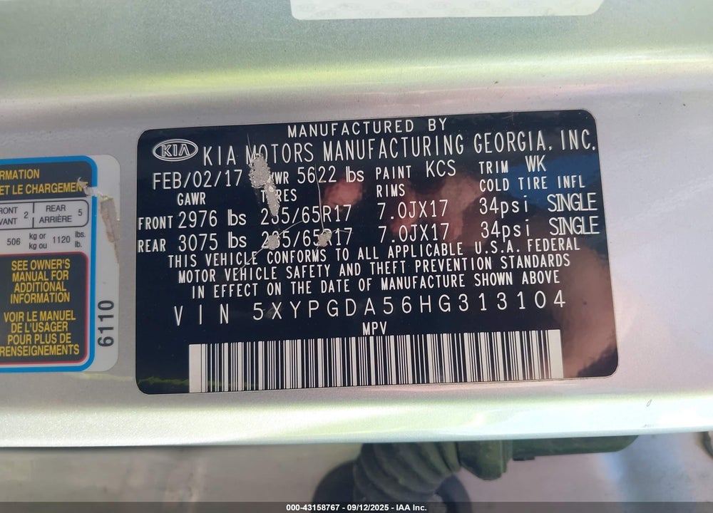 2017 KIA SORENTO VIN: 5XYPGDA56HG313104