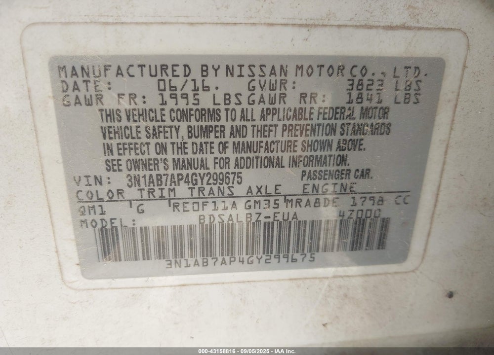 2016 NISSAN SENTRA VIN: 3N1AB7AP4GY299675