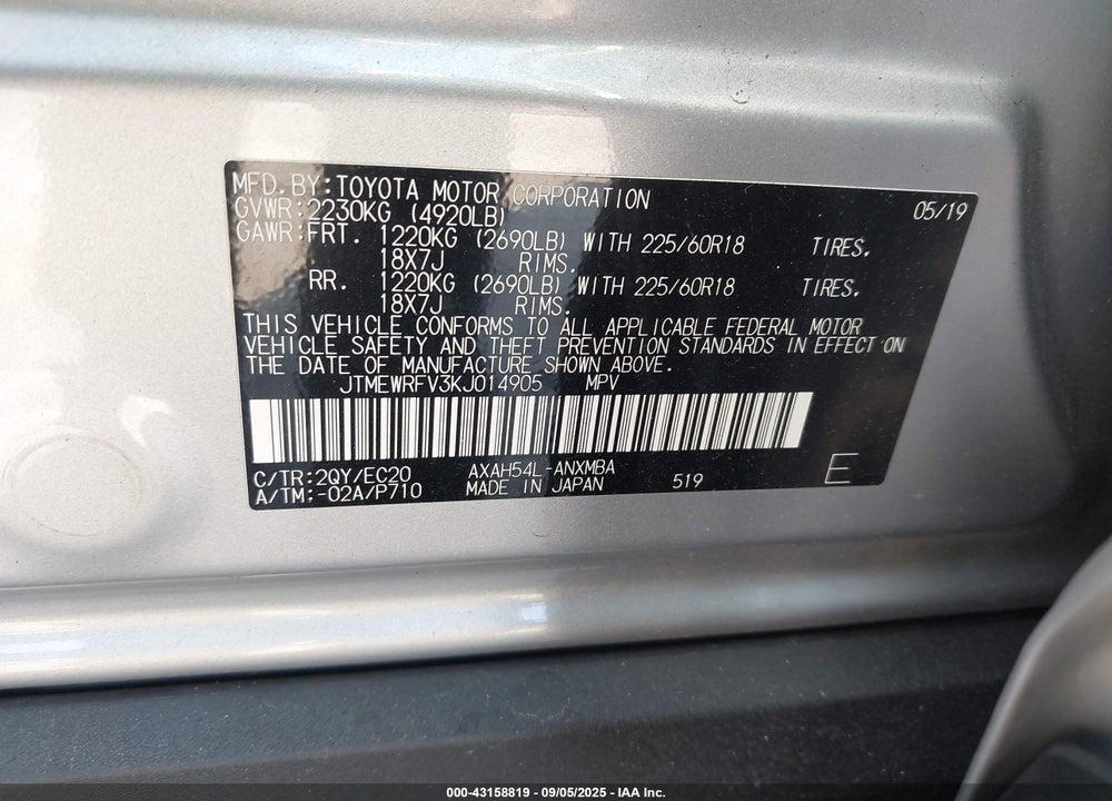 2019 TOYOTA RAV4 HYBRID VIN: JTMEWRFV3KJ014905