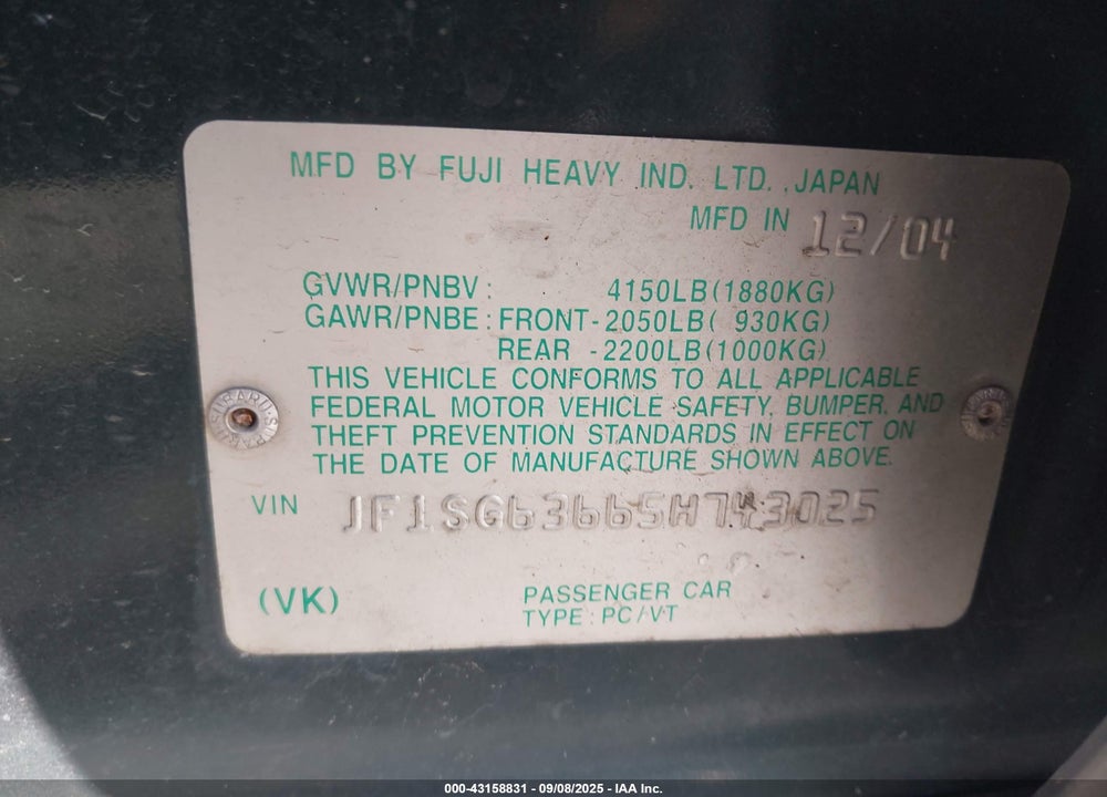 2005 SUBARU FORESTER 2.5X VIN: JF1SG63665H743025