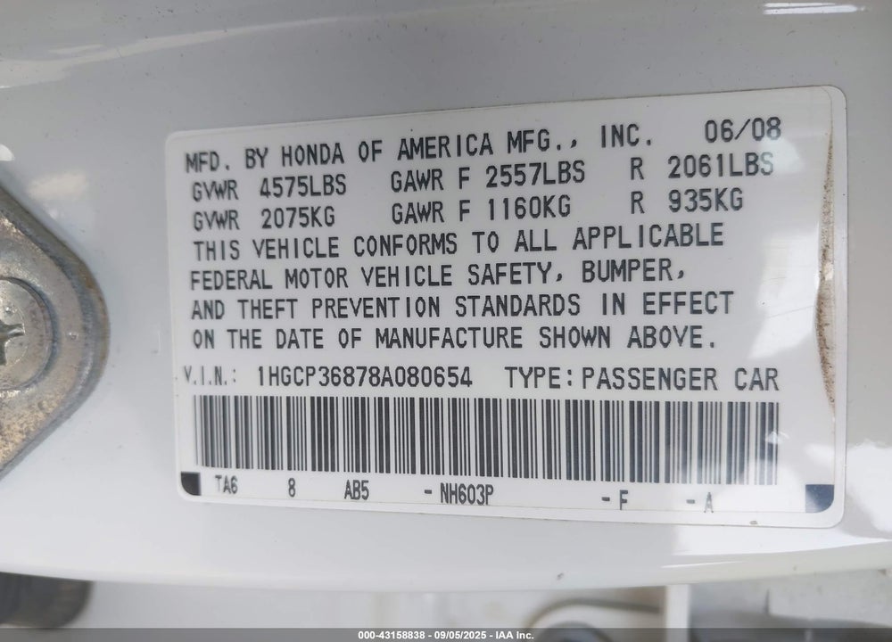 2008 HONDA ACCORD 3.5 EX-L VIN: 1HGCP36878A080654