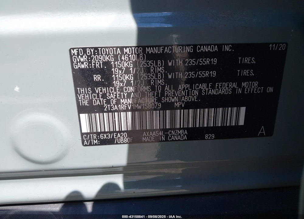 2021 TOYOTA RAV4 XLE PREMIUM VIN: 2T3A1RFV1MW158079
