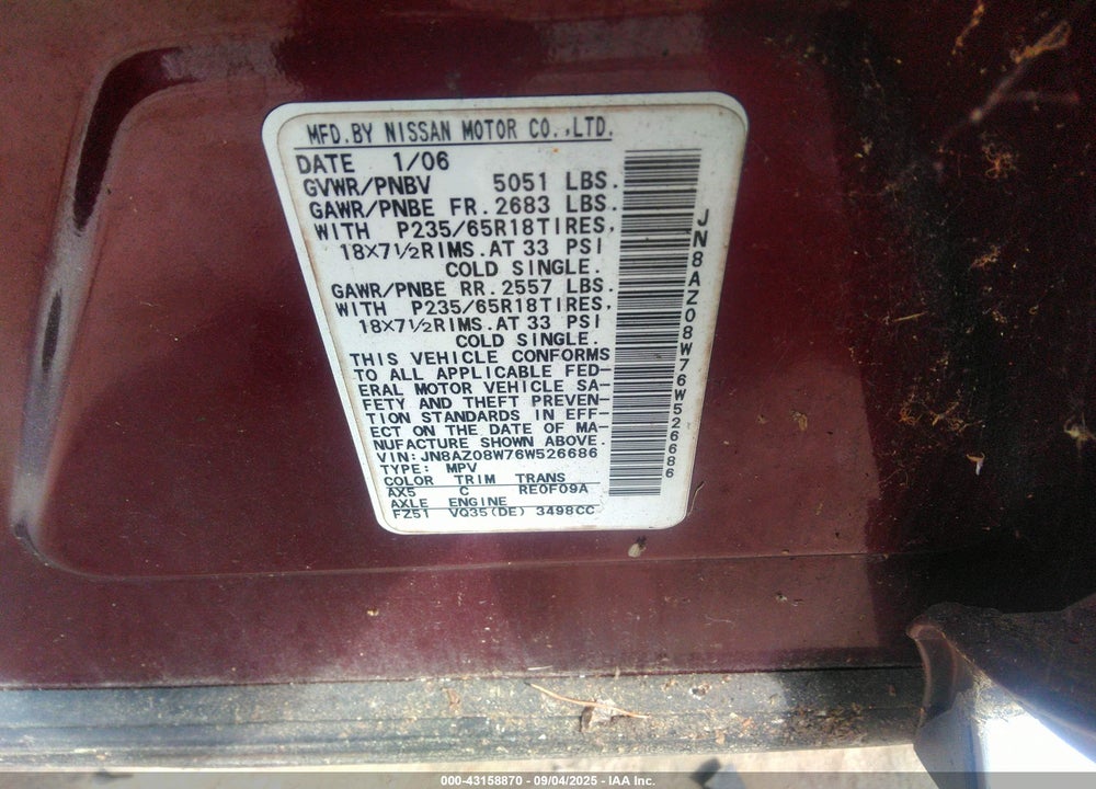 2006 NISSAN MURANO SL VIN: JN8AZ08W76W526686
