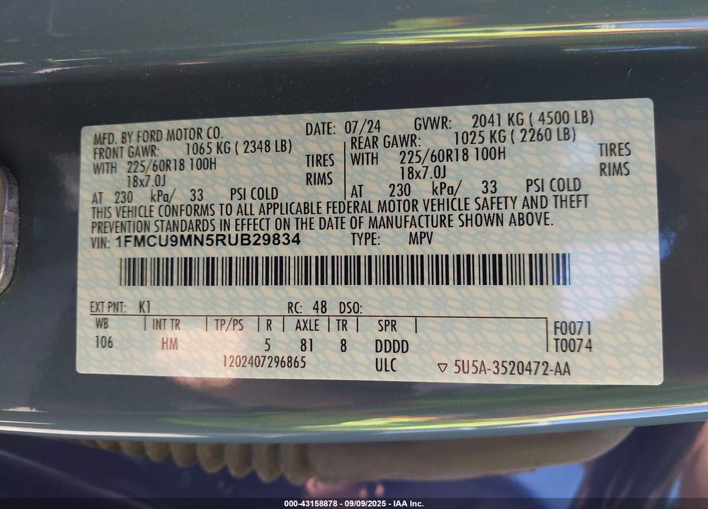 2024 FORD ESCAPE VIN: 1FMCU9MN5RUB29834