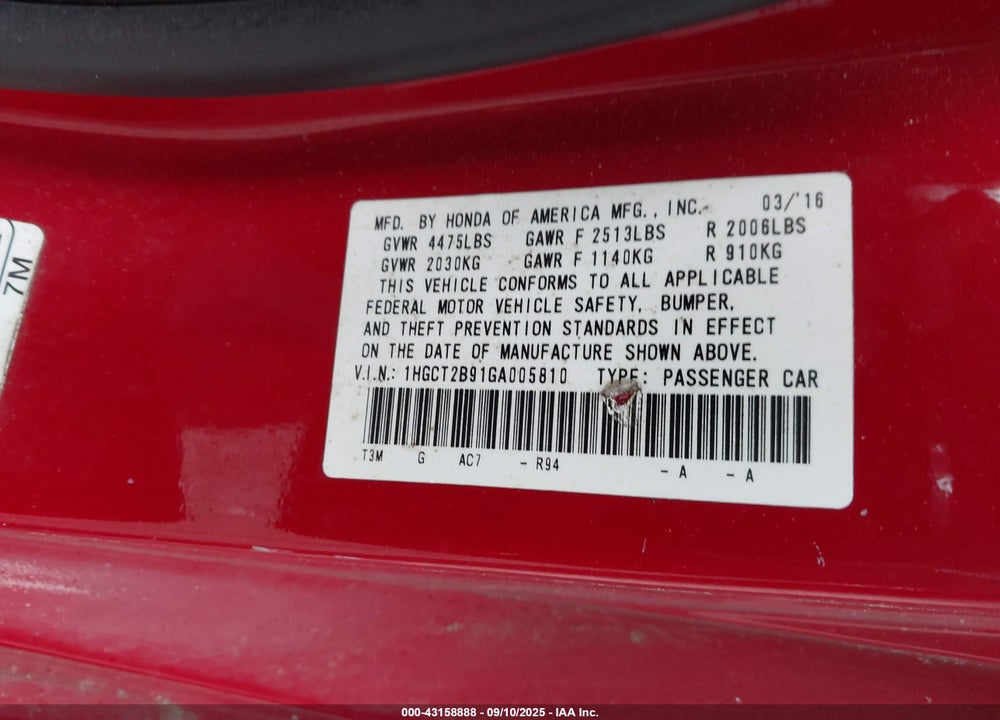 2016 HONDA ACCORD VIN: 1HGCT2B91GA005810