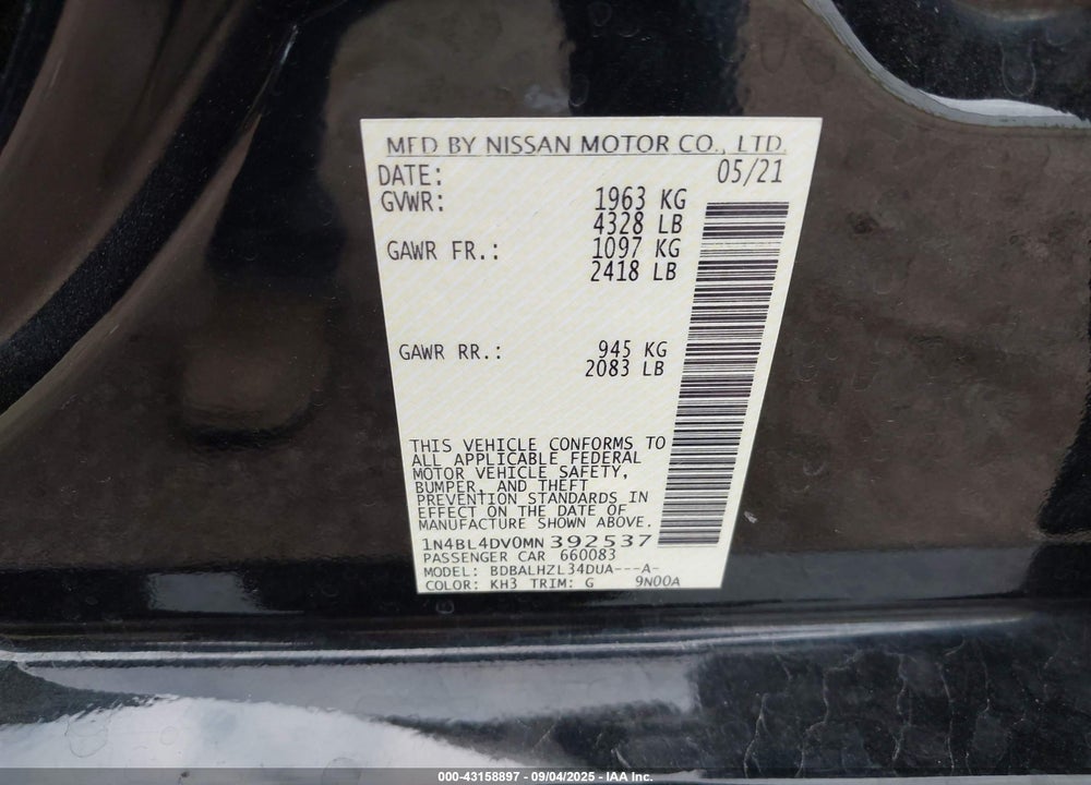 2021 NISSAN ALTIMA VIN: 1N4BL4DV0MN392537