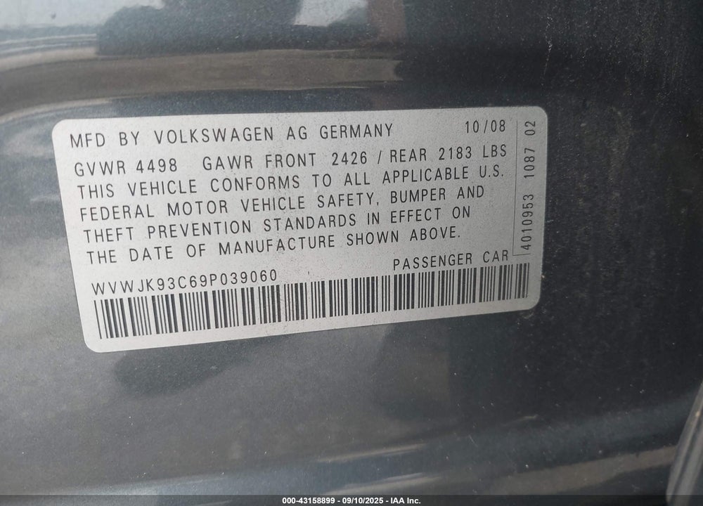 2009 VOLKSWAGEN PASSAT VIN: WVWJK93C69P039060