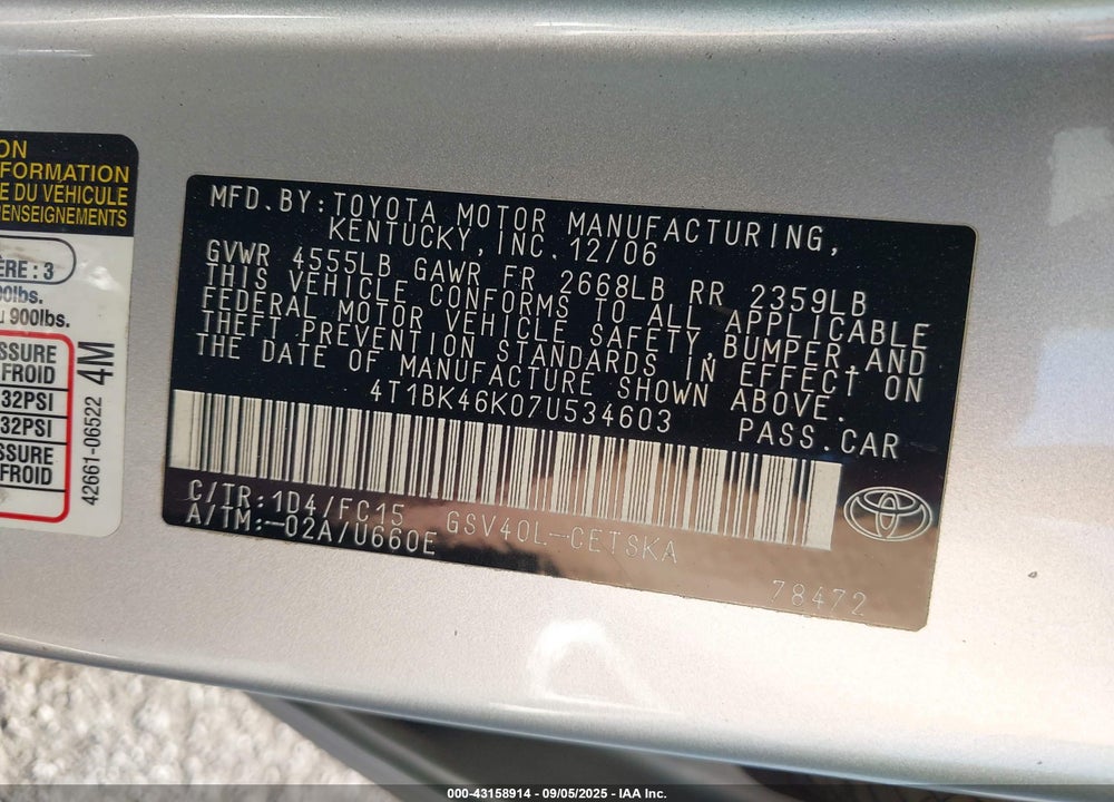 2007 TOYOTA CAMRY SE V6 VIN: 4T1BK46K07U534603