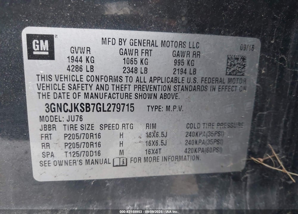 2016 CHEVROLET TRAX VIN: 3GNCJKSB7GL279715