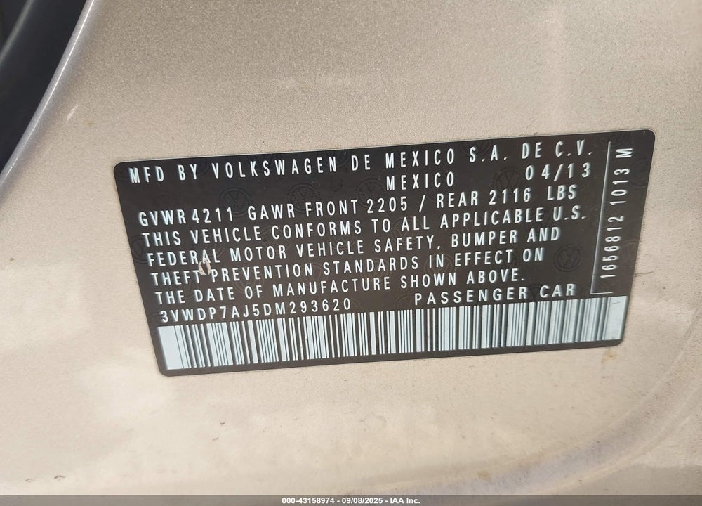 2013 VOLKSWAGEN JETTA VIN: 3VWDP7AJ5DM293620